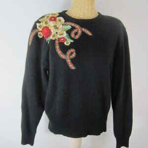 Vtg Herman Geist Womens M Black Floral Hand Embroidered Lambswool Angora Sweater
